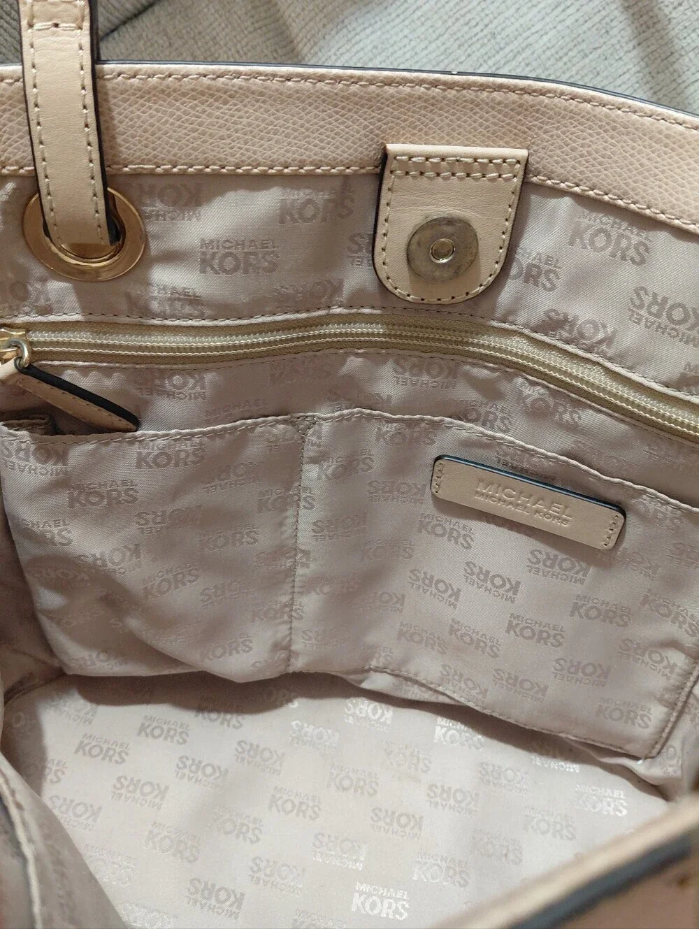 Michael Kors Peach Beige Leather Tote Shoulder Bag w Gold MK Charm